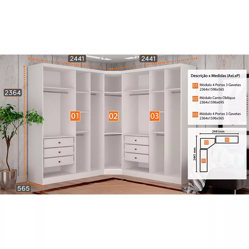 Image 1 of 10 of Guarda-Roupa Modulado de Casal Safira 001 em MDF com 9 Portas e 6 Gavetas Clic Móveis