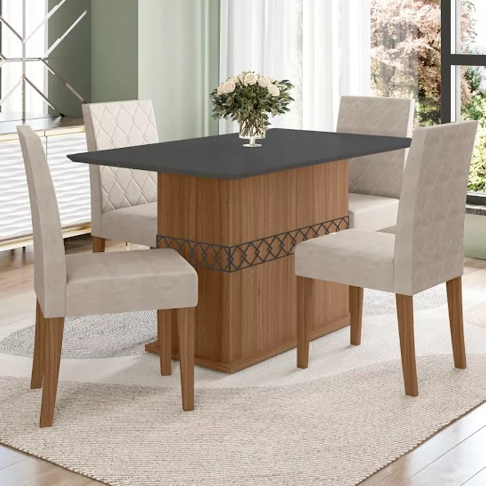 Image 0 of 7 of Conjunto Sala de Jantar Mesa com Tampo Chanfrado Agata 4 Cadeiras Estofadas Jade Poliman