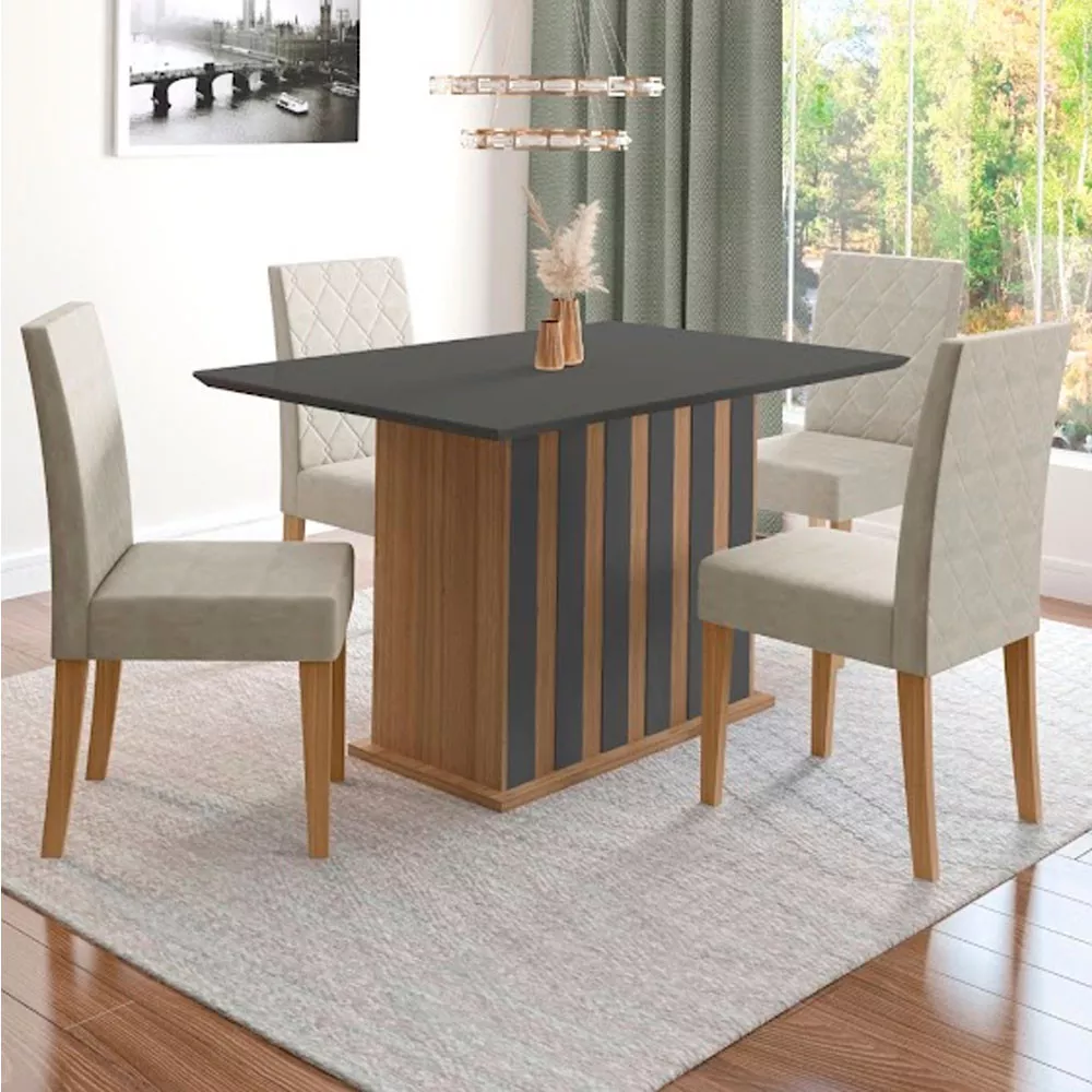 Image 0 of 7 of Conjunto Sala de Jantar Mesa com Tampo Chanfrado Amalia 4 Cadeiras Estofadas Jade Poliman