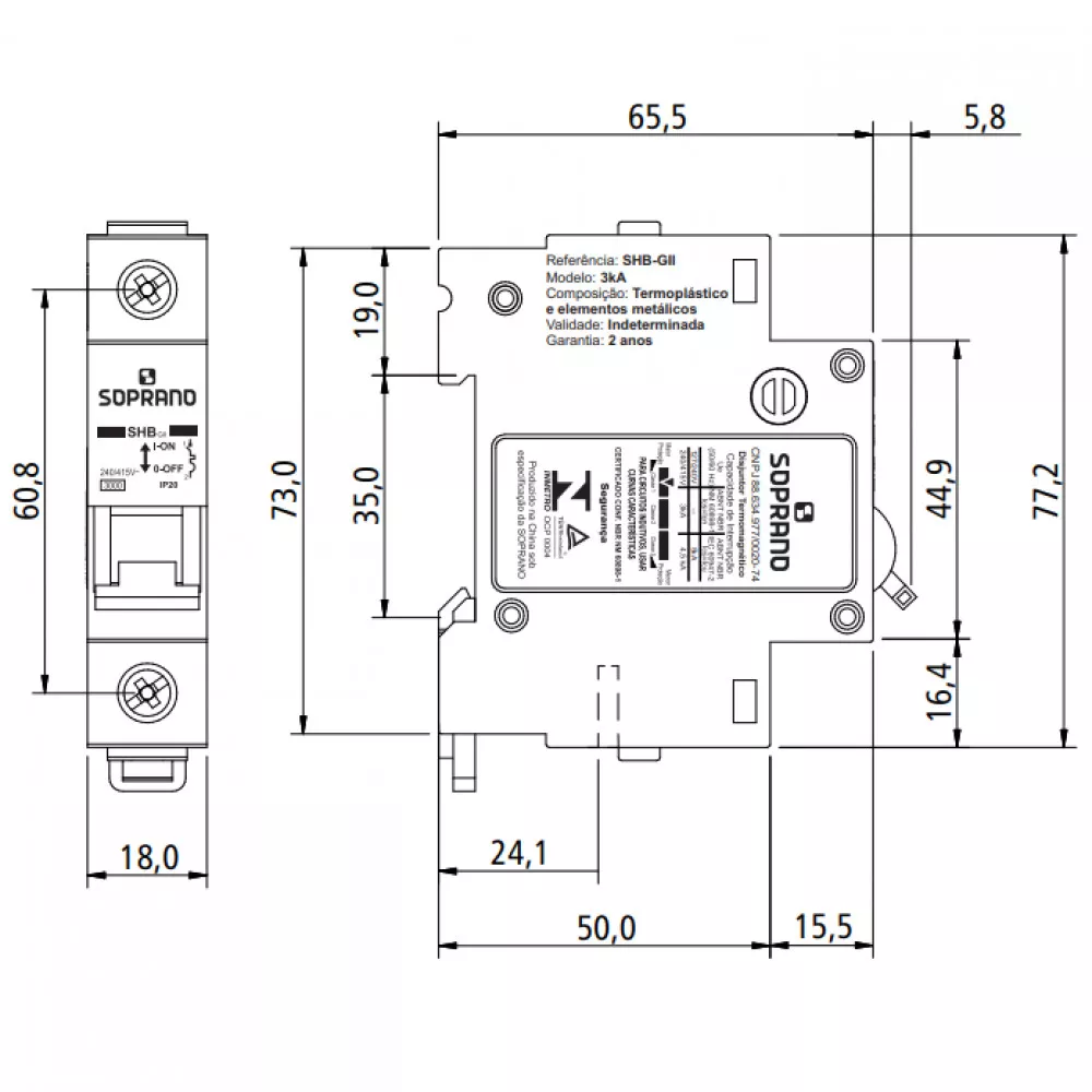 Image 3 of 4 of Soprano Disjuntor Din Monofásico Curva-c 6a 3ka Shb1-c006a