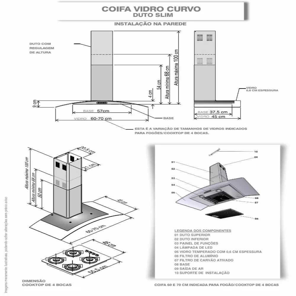 Image 1 of 7 of Coifa Nardelli de Parede Clean Vidro Curvo Vermelha 60cm