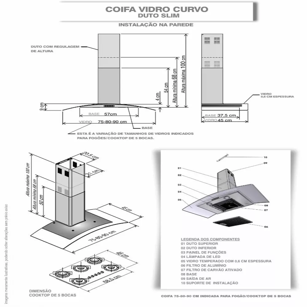 Image 4 of 7 of Coifa de Parede 80cm Vidro Curvo Slim Fogatti Branco