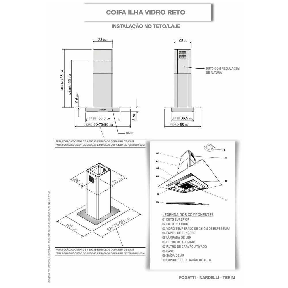 Image 1 of 8 of Coifa Terim Ilha Teto Vidro Reto Branca 75 Cm