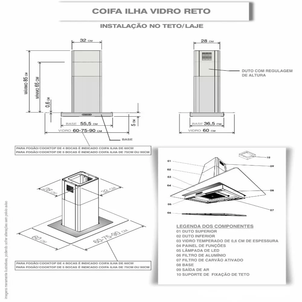 Image 2 of 6 of Coifa Fogatti Ilha Black Vidro Reto 60 cm