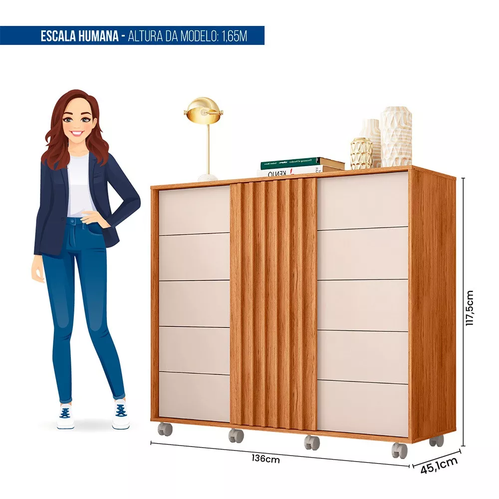 Cômoda Espaçosa Pegasus 2 Portas 5 Gavetas 3 Prateleiras Caemmun